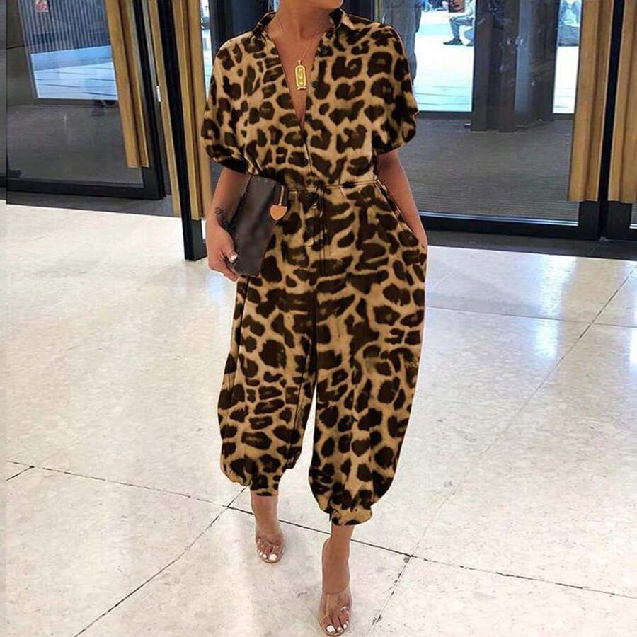 Women Short Sleeve Leopard PrintOveralls Pants Ladies Casual Playsuit Jumpsuit Romper - 棕色 - 查看 1