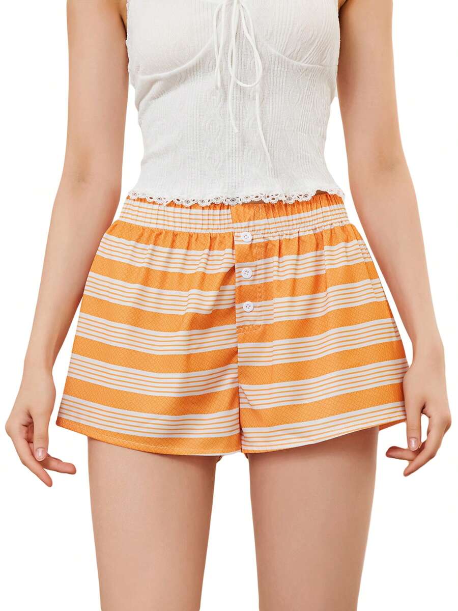 Women Plaid Shorts Elastic Waisted Gingham Pajama Shorts Plaid Boxers Shorts Lounge Sleep Shorts Bottoms - Orange - View 1