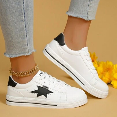 2024 Couples White Sneakers With Star Decor, Fashion Casual Matching Unisex Shoes