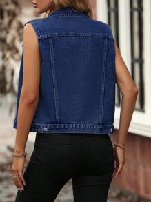 Casual Washed Sleeveless Denim Vest - Dark Wash - View 3