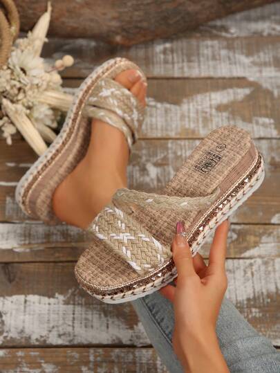 Women's Summer Wedge Sandals, Platform Open Toe High Heel Slippers, Versatile Fashion Non-Slip Casual Linen Slide Sandals