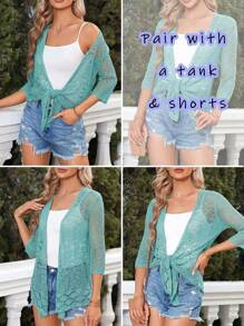 Womens Sheer Crochet Knit 3/4 Sleeve Tie Bolero Jacket Shrug Sweaters - Open Front Tops - 湖藍色 - 查看 6