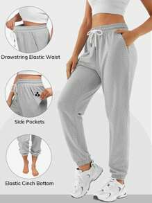 hoteel Women's Belted Sweatpants High Waisted Active Jogging Pants - Màu Xám nhạt - Xem 3