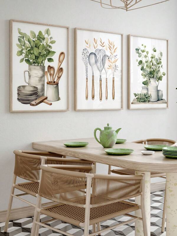3 Pieces Kitchen Wall Arts Utensil Art Posters Green Botanical Posters Vintage Vase Wall Paintings Spoons Hanging Picture Modern Wall Arts Farmhouse Wall Artwork Dining Room Wall Decor Optional Frame Kitchen Decor