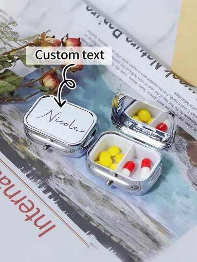 1 szt. spersonalizowane metalowe pudełko na tabletki z grawerowanym imieniem, przenośny pojemnik na leki podróżne, delikatny romans