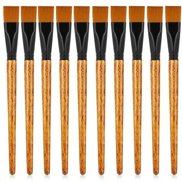 10 pezzi Pennelli in nylon di alta qualità, punta piatta da 3/4 pollici con manici in legno per acrilico, acquerello, pittura a olio e artigianato per body art