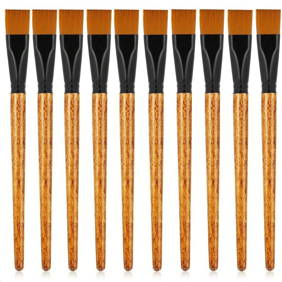 10 pezzi Pennelli in nylon di alta qualità, punta piatta da 3/4 pollici con manici in legno per acrilico, acquerello, pittura a olio e artigianato per body art