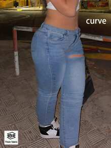 Plus Size Women's Ripped Stretch Skinny Casual Simple Washed Denim Pants - 淺色水洗藍 - 查看 3