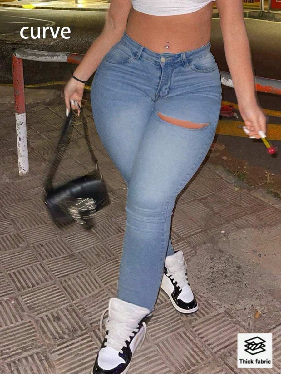 Plus Size Women's Ripped Stretch Skinny Casual Simple Washed Denim Pants - 淺色水洗藍 - 查看 1