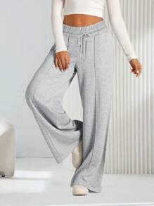 Women's Drawstring Stretch Low-Rise Jogging Sweatpants Casual Oversized Wide Leg Pants With Pockets - Grey - View 1