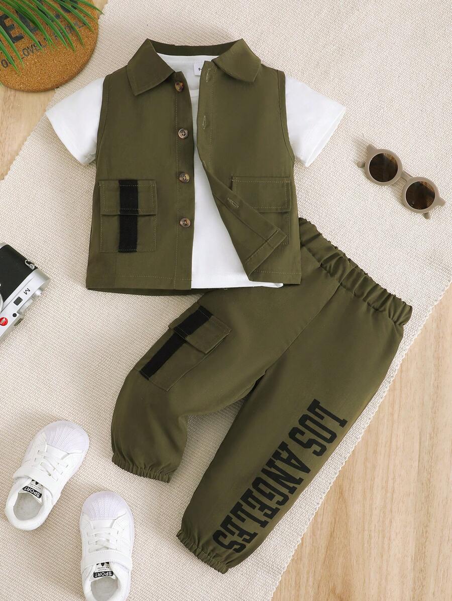 BrownBark 3 件套年轻男孩休闲百搭套装 - 纯色短袖上衣 + 无袖夹克外套 + 休闲工装裤,舒适百搭的 3 件套服装 - 軍綠色 - 查看 1