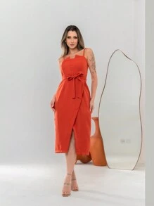 V761 Tailored Midi Dress With Straps - Burnt Orange - View 1