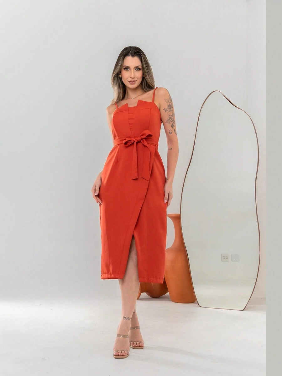 V761 Tailored Midi Dress With Straps - Burnt Orange - View 1