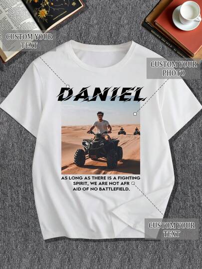 Customized Men's White T-Shirt, Input Your Text/Name/Message/Fun Text/Blessing, Upload Your Favorite Photo/Friend/Lover, White T-Shirt, Holiday Gift, Party Anniversary Gift, Valentine's Day, Party, Company Team Building Uniform, Music Festival, Gift For Him, Men's Loose Fit Short Sleeve Round Neck T-Shirt, Party, White Men's Short Sleeve Top