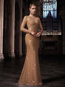 QOQ Elegant Apricot Color Hot Drill Rhinestone Beaded Slant Shoulder Neck Women Fishtail Gown Dresses - Apricot - View 6