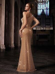 QOQ Elegant Apricot Color Hot Drill Rhinestone Beaded Slant Shoulder Neck Women Fishtail Gown Dresses - Apricot - View 2