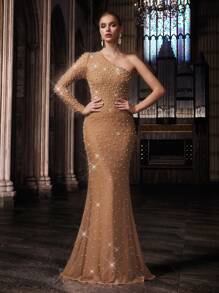 QOQ Elegant Apricot Color Hot Drill Rhinestone Beaded Slant Shoulder Neck Women Fishtail Gown Dresses - Apricot - View 1