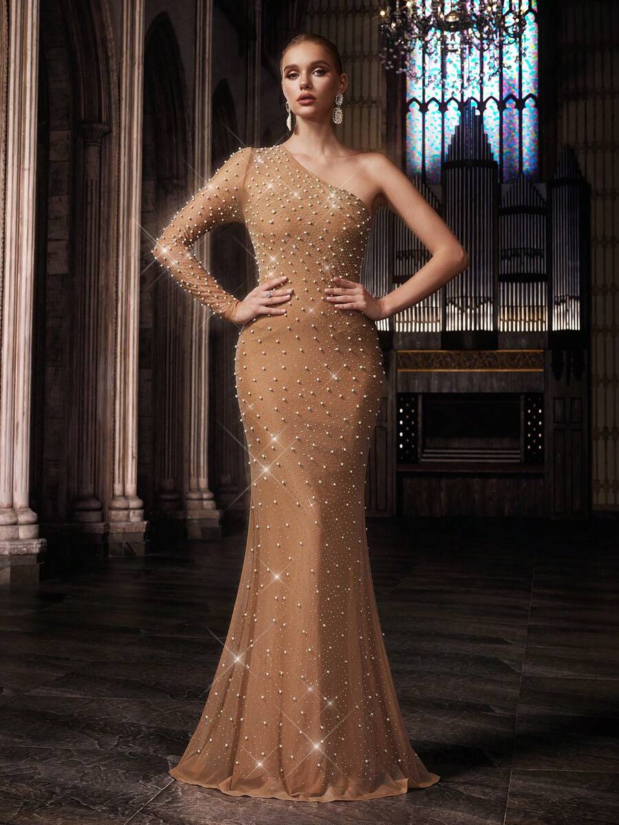 QOQ Elegant Apricot Color Hot Drill Rhinestone Beaded Slant Shoulder Neck Women Fishtail Gown Dresses - Apricot - View 1