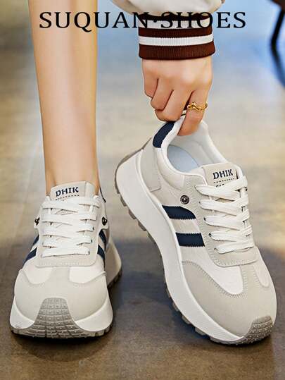 1 Pair Women's Casual Shoes, PU Material, Thick Sole Single-Layer All-Season Style, 2025 New Fashion Versatile Sports Sneakers