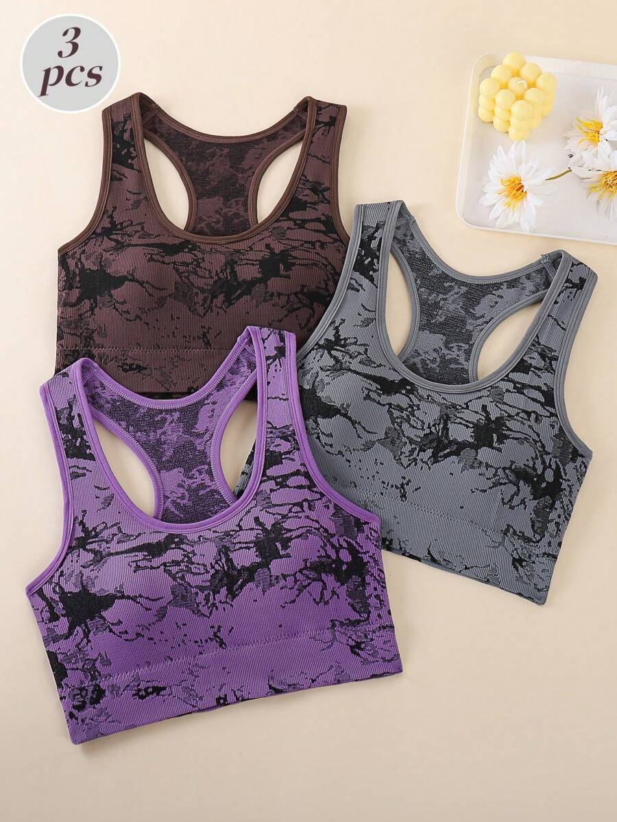 3Pcs Tie-Dye Sports Bras For Women, Personalized Racerback Low-Cut Yoga Fitness Running Vest - Multicolor - View 1