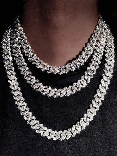 嘻哈男女款 14 毫米爪镶链项链 闪亮冰晶双排水钻密镶迈阿密菱形项链首饰