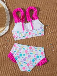 Tween Girls Ruffle Trim Candy Print 2 Pieces Bikini Set - Multicolor - View 5