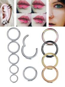 4 件防过敏不锈钢身体穿刺环（鼻、耳、唇、鼻中隔） - 6/8/10/12 毫米无缝 16G（1.2 毫米）铰链鼻环/眉环，银色、黑色、金色、玫瑰金、彩虹色身体首饰（多套） - 管徑1.2mm內徑6/8/10/12mm - 查看 3