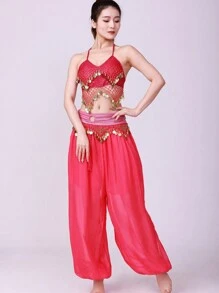 Adult Shiny Sequin Belly Dance Costume, Women's Shiny Chiffon Top (With Built-In Padding, Non-Removable) And Pants Set, Women's Oriental Belly Dance Arabian Princess Costume Set - Multicolor - View 4