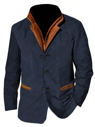 جاكيت أزرق للرجال بطراز قديم مع طوق، ملابس خارجية كاجوال بنقش قطع ملائمة للربيع والخريف
