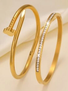 2pcs Luxury Sparkling Four-Leaf Clover Zirconia Stainless Steel Bracelet For Women, Suitable For Multiple Occasions