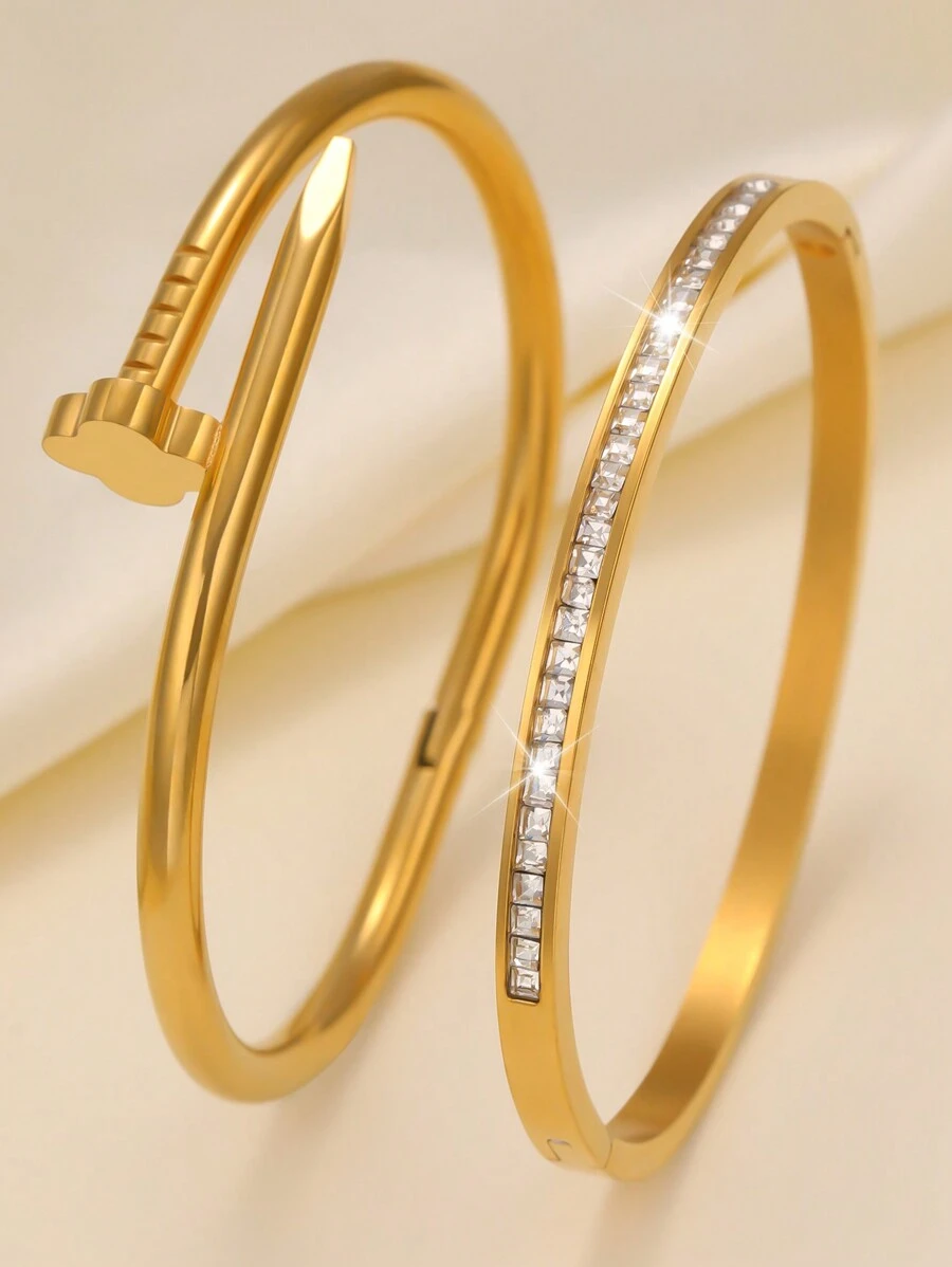 2pcs Luxury Sparkling Four-Leaf Clover Zirconia Stainless Steel Bracelet For Women, Suitable For Multiple Occasions