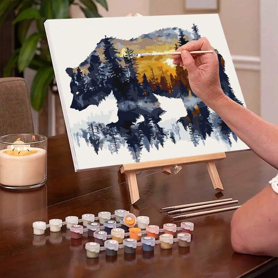 1 set de peintures à l'huile colorées, peinture à l'huile numérique de paysage d'ours brun, convient pour les adultes pour dessiner, peut être accroché sur le bureau comme cadeau pour soulager le stress - Multicolore - Voir 1