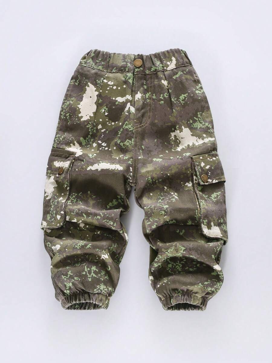 Young Boy Cuffed Camouflage Cotton Cargo Pants, Spring - Multicolor - View 1
