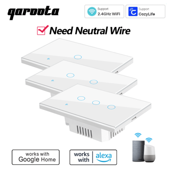 qaroota 1 pezzo Pannello in vetro temperato PC+ Cozylife, interruttore intelligente Wifi, standard USA e Brasile, bianco/nero, necessario filo neutro, interruttore a parete touch smart, compatibile con Alexa casa, 1/2/3 gruppi