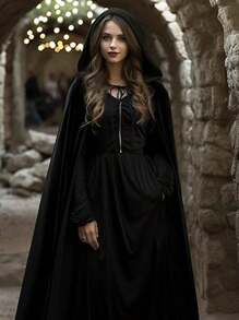 Capa de terciopelo negro con capucha de bruja, túnica larga de reina para fiestas y cosplay, adecuada para Halloween, varios festividades, bruja, diablo, vampiro, disfraz medieval del Renacimiento, accesorios para baile de graduación