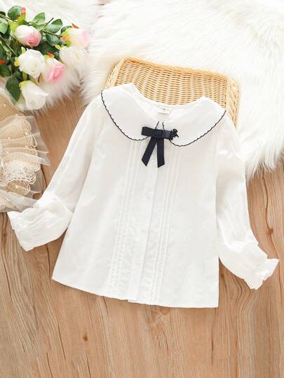 Blusa de manga comprida para meninas, camisa casual elegante com gola plissada e laço, caimento solto estilo escolar, para meninas pequenas e pré-adolescentes, branca, primavera/outono
