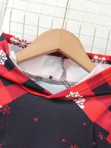 Tween Girl Christmas Theme Style Cute Cartoon Deer Print Colorblock Plaid Raglan Sleeve Hooded Knee Length Dress - Black - View 2