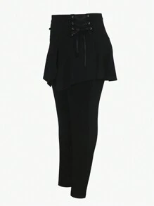 Plus Size Women's Asymmetrical Hem Black Skirt With Waist Drawstring, Suitable For Pairing With Leggings And Pants, Mother's Day Gift