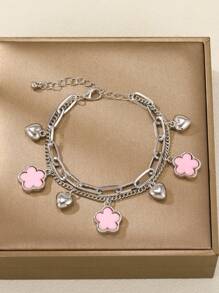 1pc Double Layer Four-Leaf Clover Heart Charm Bracelet