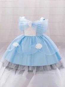 Vestido de princesa elegante em organza azul celeste para bebê menina, ideal para festas e ocasiões formais. - Azul - Ver 2