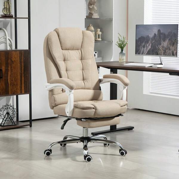 Vinsetto Fauteuil de bureau manager chaise pour ordinateur avec repose-pied dossier inclinable accoudoirs rembourrés en lin beige