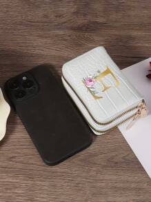 新款钱包卡包手拿包，双拉链设计，压纹质感，跨境热销鳄鱼纹时尚钱包，艺术金色字母和粉色牡丹A-Z图案，防水PU拉链短款钱包手提包，精致设计