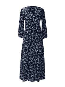 Women's 3/4 Sleeve Maxi Dress Button-Down Floral Print Long Dresses V-Neck Casual High Waist Boho Dress - Navy Blue - View 4