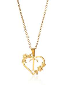 1件优雅心形花朵字母吊坠项链，适合女性和女孩佩戴，18K镀金不锈钢心形吊坠项链，时尚饰品，情人节、母亲节礼物，送给妈妈的礼物 - 金黃色 - 查看 23