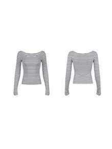 Women's Off Shoulder Tops Slim Striped Long Sleeve Casual T-Shirt For Fall Streetwear