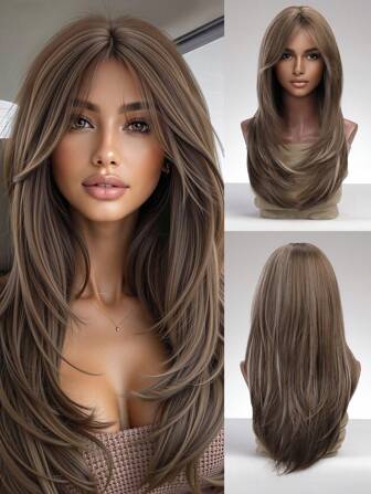 棕白混色蝴蝶长发刘海合成假发，适合女性，自然发质，角色扮演假发，适合返校季