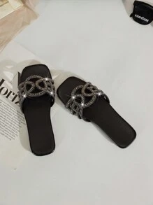 Women's Square Toe Minimalist Rhinestone Accent Strap Flat Sandals, Casual Fashion Beach Holiday Style,Spring Summer Outfits - Black - View 5