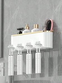 1 Set Toothbrush Holder With 2/3/4 Toothbrush Cups And Toothpaste Dispenser, Creative Wall-Mounted Bathroom Storage Rack, Convenient For Brushing Teeth And Storing Items. Wall-Mounted Bathroom Storage Rack, Toothbrush Holder, Toothpaste Dispenser - Multicolor - View 11