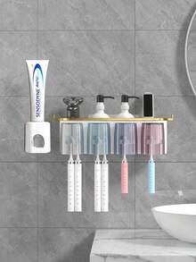 1 Set Toothbrush Holder With 2/3/4 Toothbrush Cups And Toothpaste Dispenser, Creative Wall-Mounted Bathroom Storage Rack, Convenient For Brushing Teeth And Storing Items. Wall-Mounted Bathroom Storage Rack, Toothbrush Holder, Toothpaste Dispenser - Multicolor - View 8