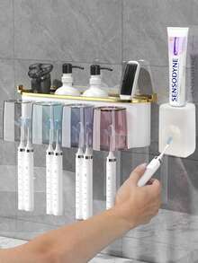 1 Set Toothbrush Holder With 2/3/4 Toothbrush Cups And Toothpaste Dispenser, Creative Wall-Mounted Bathroom Storage Rack, Convenient For Brushing Teeth And Storing Items. Wall-Mounted Bathroom Storage Rack, Toothbrush Holder, Toothpaste Dispenser - Multicolor - View 2